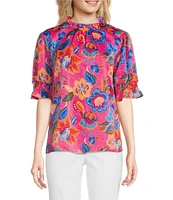 Ali Miles Floral Ruffle Round Neck Elbow Sleeve Print Popover Tunic