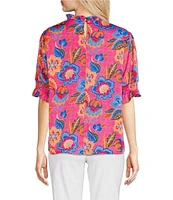 Ali Miles Floral Ruffle Round Neck Elbow Sleeve Print Popover Tunic