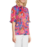 Ali Miles Floral Ruffle Round Neck Elbow Sleeve Print Popover Tunic