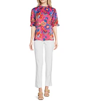 Ali Miles Floral Ruffle Round Neck Elbow Sleeve Print Popover Tunic