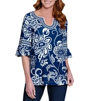 Ali Miles Floral U-Shaped Neck Elbow Sleeve Tunic