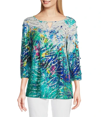 Ali Miles Foiled Burnout Split Round Neck Criss Cross Hardware 3/4 Sleeve Popover Top