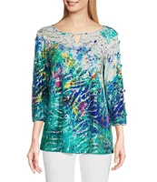 Ali Miles Foiled Burnout Split Round Neck Criss Cross Hardware 3/4 Sleeve Popover Top