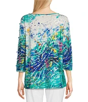 Ali Miles Foiled Burnout Split Round Neck Criss Cross Hardware 3/4 Sleeve Popover Top