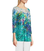 Ali Miles Foiled Burnout Split Round Neck Criss Cross Hardware 3/4 Sleeve Popover Top