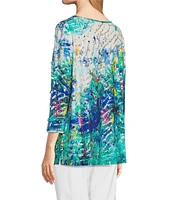 Ali Miles Foiled Burnout Split Round Neck Criss Cross Hardware 3/4 Sleeve Popover Top