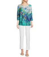 Ali Miles Foiled Burnout Split Round Neck Criss Cross Hardware 3/4 Sleeve Popover Top