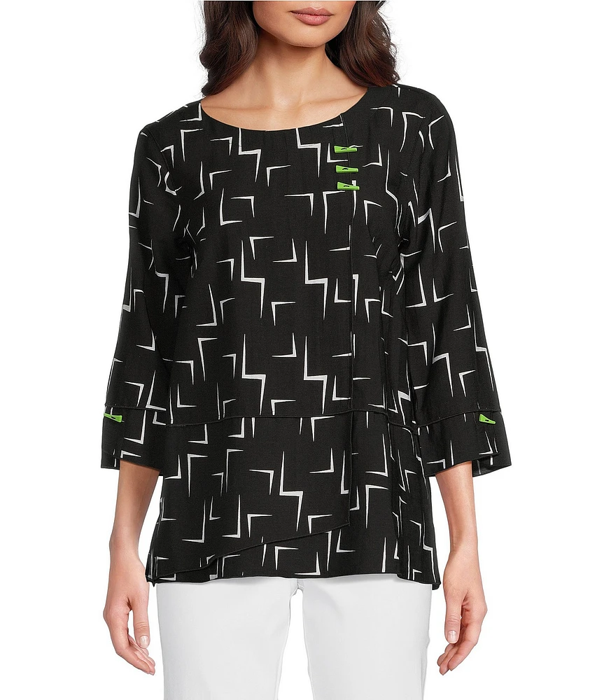 Ali Miles Geometric Print Scoop Neck 3/4 Sleeve Overlap Popover Tunic