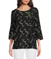 Ali Miles Geometric Print Scoop Neck 3/4 Sleeve Overlap Popover Tunic