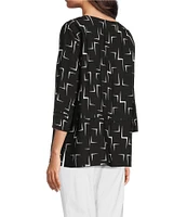 Ali Miles Geometric Print Scoop Neck 3/4 Sleeve Overlap Popover Tunic