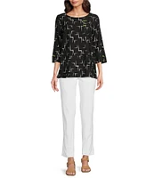 Ali Miles Geometric Print Scoop Neck 3/4 Sleeve Overlap Popover Tunic