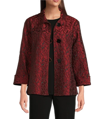 Ali Miles Jacquard Textured Printed Woven Point Collar 3/4 Sleeve Button Front Jacket