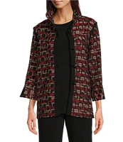 Ali Miles Jacquard Woven Printed Wire Collar 3/4 Sleeve Button Front Jacket