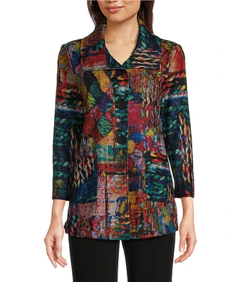 Ali Miles Knit Abstract Collared Long Sleeve Jacket