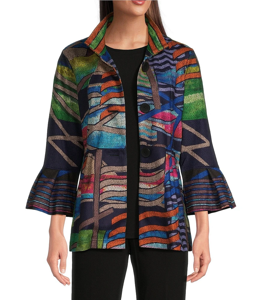 Ali Miles Knit Abstract Print Point Collar 3/4 Bell Sleeve Peplum Jacket