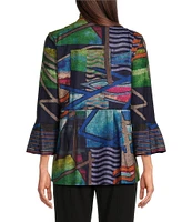 Ali Miles Knit Abstract Print Point Collar 3/4 Bell Sleeve Peplum Jacket