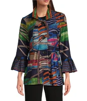 Ali Miles Knit Abstract Print Point Collar 3/4 Bell Sleeve Peplum Jacket