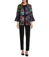 Ali Miles Knit Abstract Print Point Collar 3/4 Bell Sleeve Peplum Jacket