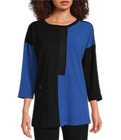 Ali Miles Knit Color Blocked Crewneck 3/4 Sleeve Top