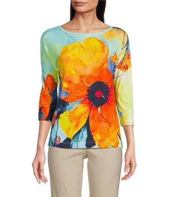 Ali Miles Knit Floral Round Neck 3/4 Dolman Sleeve Tunic