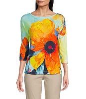 Ali Miles Knit Floral Round Neck 3/4 Dolman Sleeve Tunic