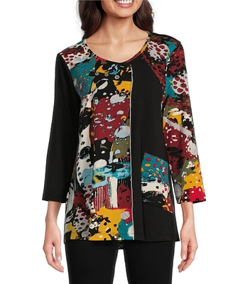 Ali Miles Knit Geo Patchwork Print V-Neck 3/4 Sleeve Tunic