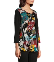 Ali Miles Knit Geo Patchwork Print V-Neck 3/4 Sleeve Tunic