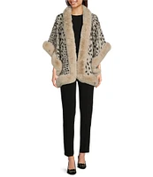 Ali Miles Knit Jacquard Animal Print Plush Trim Open Front Kimono