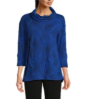 Ali Miles Knit Jacquard Cowl Neck 3/4 Sleeve Hi-Low Hem Tunic