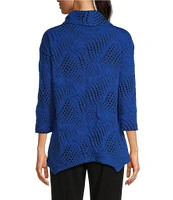 Ali Miles Knit Jacquard Cowl Neck 3/4 Sleeve Hi-Low Hem Tunic