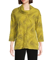 Ali Miles Knit Jacquard Cowl Neck 3/4 Sleeve Hi-Low Hem Tunic