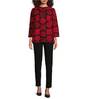 Ali Miles Knit Jacquard Geometric Abstract Print Mock Neck Long Sleeve Popover Tunic