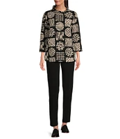 Ali Miles Knit Jacquard Geometric Abstract Print Mock Neck Long Sleeve Popover Tunic