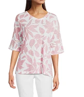 Ali Miles Knit Leaf Print Linen Blend V-Neck 3/4 Lace Sleeve Tunic