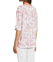 Ali Miles Knit Leaf Print Linen Blend V-Neck 3/4 Lace Sleeve Tunic