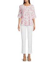 Ali Miles Knit Leaf Print Linen Blend V-Neck 3/4 Lace Sleeve Tunic