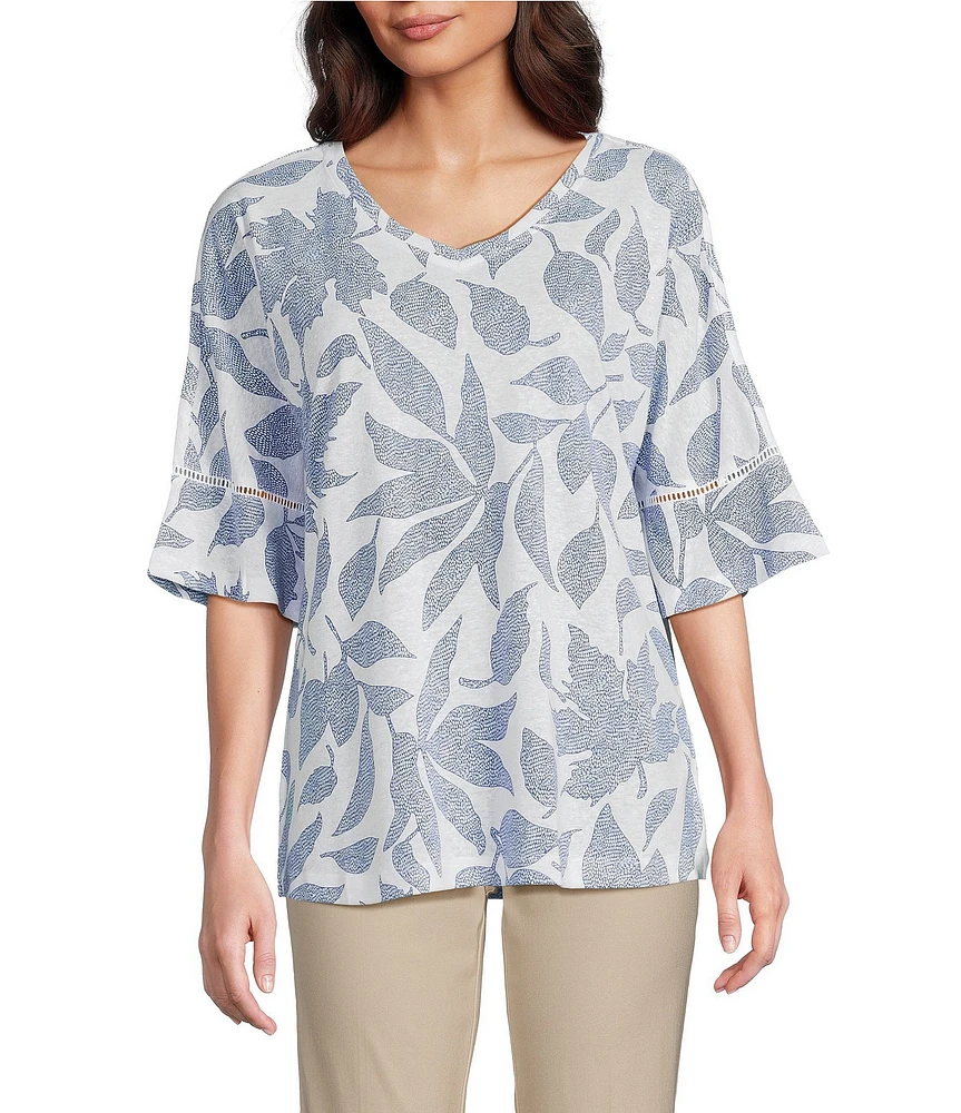Ali Miles Knit Leaf Print Linen Blend V-Neck 3/4 Lace Sleeve Tunic