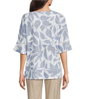Ali Miles Knit Leaf Print Linen Blend V-Neck 3/4 Lace Sleeve Tunic