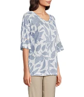 Ali Miles Knit Leaf Print Linen Blend V-Neck 3/4 Lace Sleeve Tunic