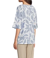 Ali Miles Knit Leaf Print Linen Blend V-Neck 3/4 Lace Sleeve Tunic
