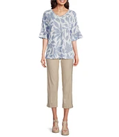 Ali Miles Knit Leaf Print Linen Blend V-Neck 3/4 Lace Sleeve Tunic