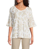 Ali Miles Knit Leaf Print Linen Blend V-Neck 3/4 Lace Sleeve Tunic