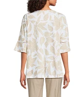 Ali Miles Knit Leaf Print Linen Blend V-Neck 3/4 Lace Sleeve Tunic