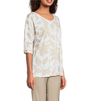 Ali Miles Knit Leaf Print Linen Blend V-Neck 3/4 Lace Sleeve Tunic