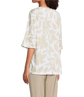 Ali Miles Knit Leaf Print Linen Blend V-Neck 3/4 Lace Sleeve Tunic