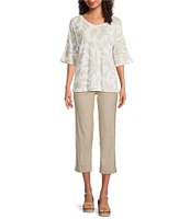 Ali Miles Knit Leaf Print Linen Blend V-Neck 3/4 Lace Sleeve Tunic