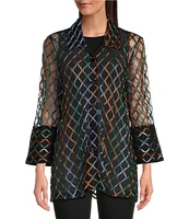 Ali Miles Knit Mesh Embroidered Collared 3/4 Sleeve Jacket