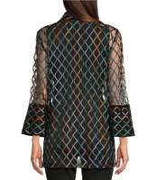 Ali Miles Knit Mesh Embroidered Collared 3/4 Sleeve Jacket