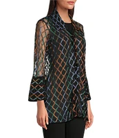 Ali Miles Knit Mesh Embroidered Collared 3/4 Sleeve Jacket