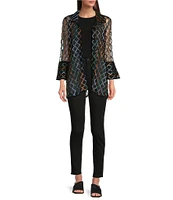 Ali Miles Knit Mesh Embroidered Collared 3/4 Sleeve Jacket